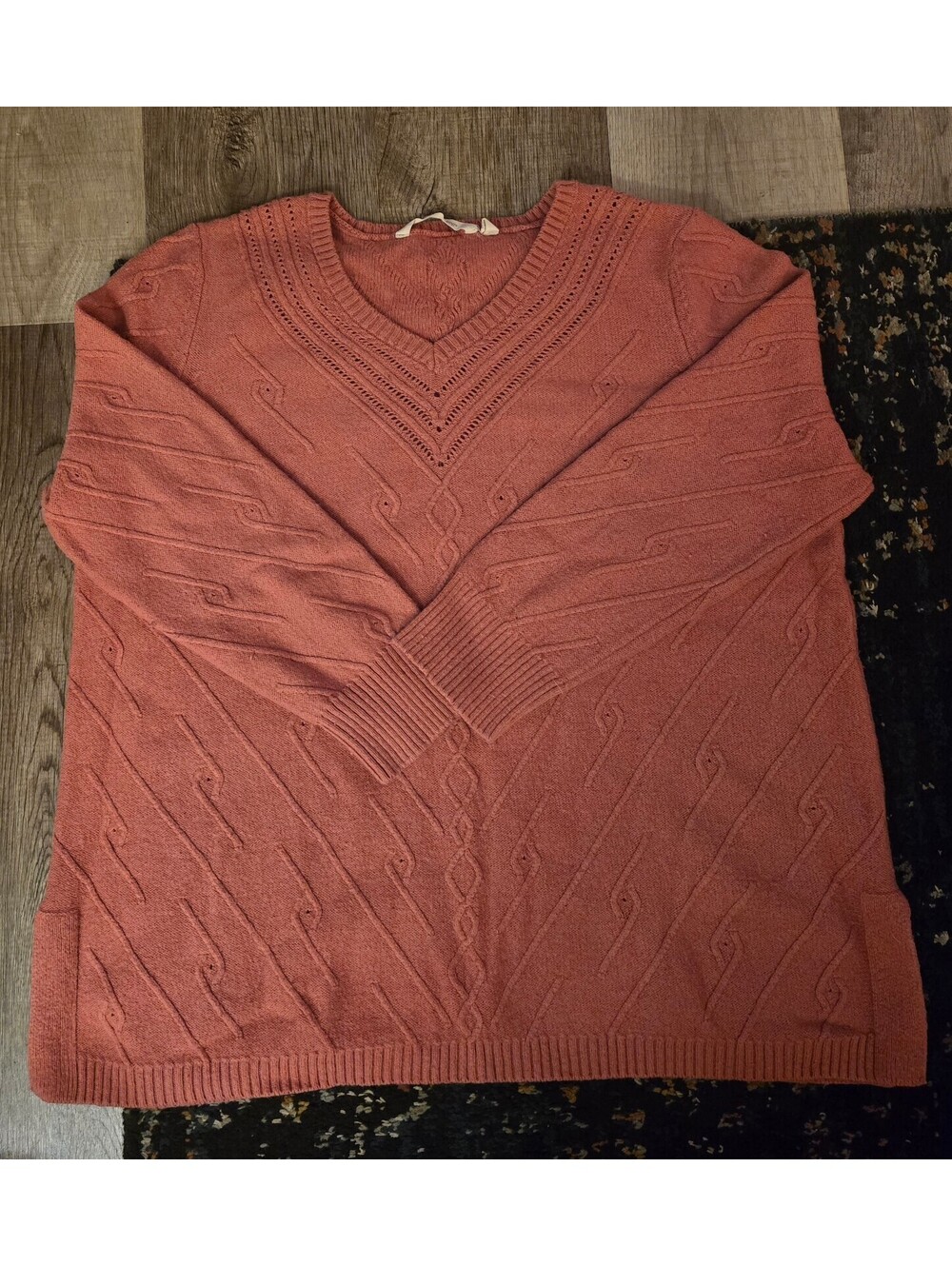 Soft Surroundings Rose Terracotta V-Neck Cable Knit Pullover Sweater